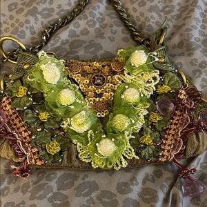 Floral Embellished Green and Gold Women's Bag